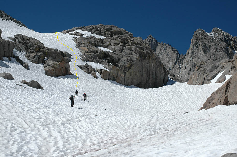 Navigating the snow fields to the Palisade Glacier