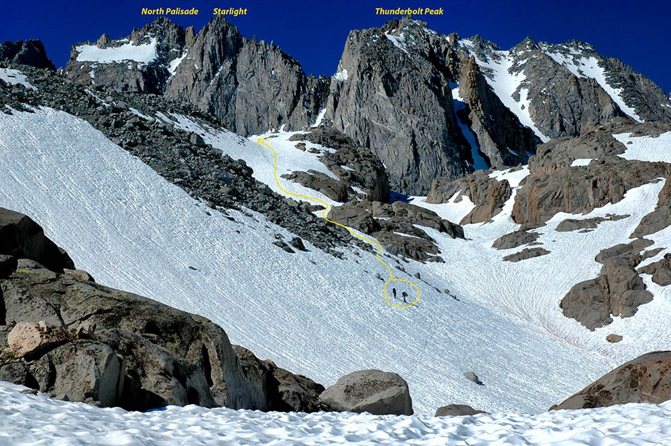 Navigating the snow fields to the Palisade Glacier